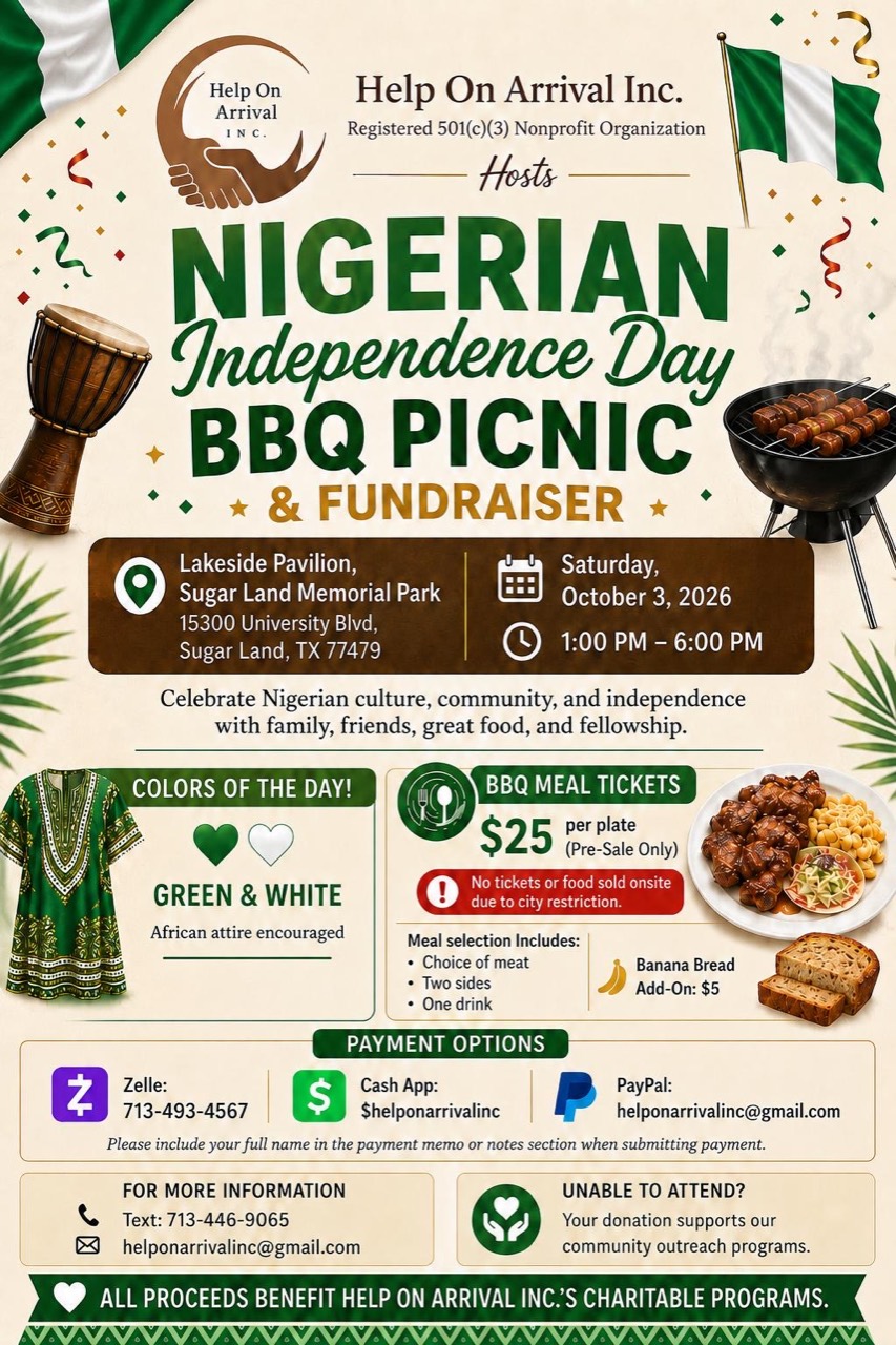 Help On Arrival Nigerian Independence Day BBQ Picnic and Fundraiser flyer.